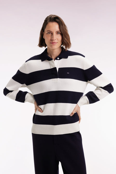 Wool and cotton rugby stripe shirt collar sweater in navy and white Relaxed fit - Image 3