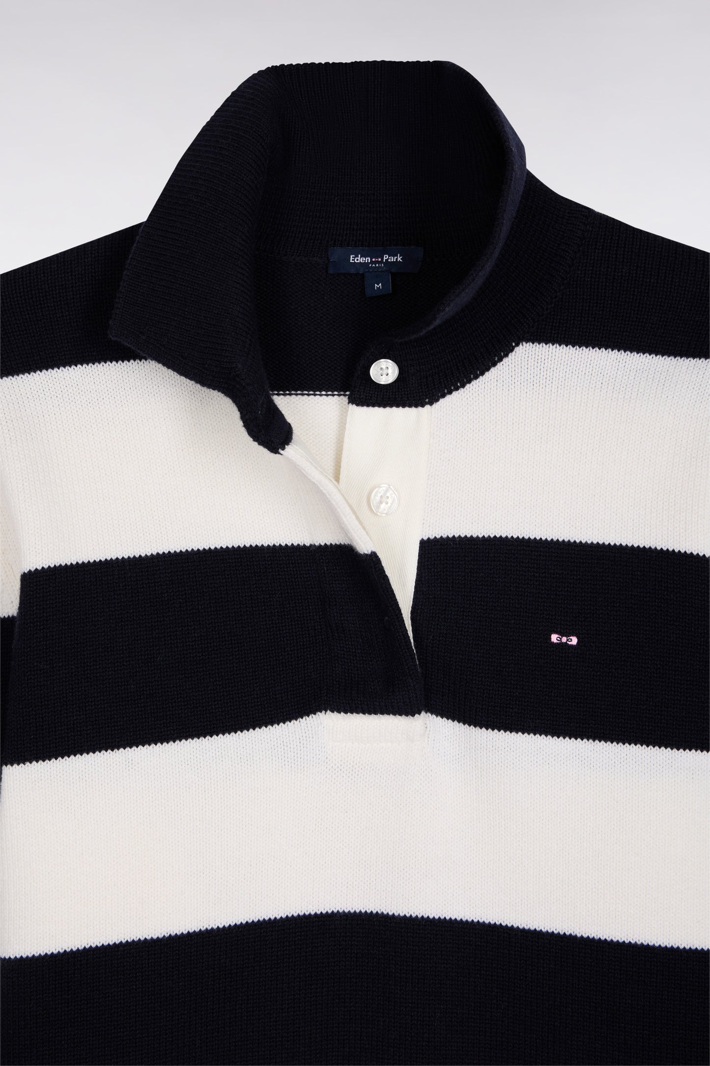 Wool and cotton rugby stripe shirt collar sweater in navy and white Relaxed fit