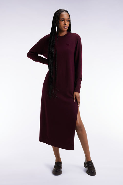 Round-neck dress in burgundy merino wool - Image 3