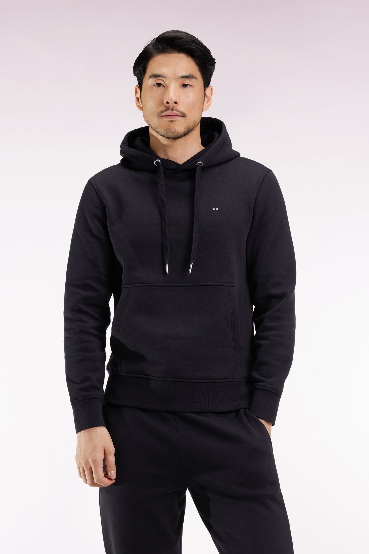 Black cotton hooded sweatshirt, straight cut