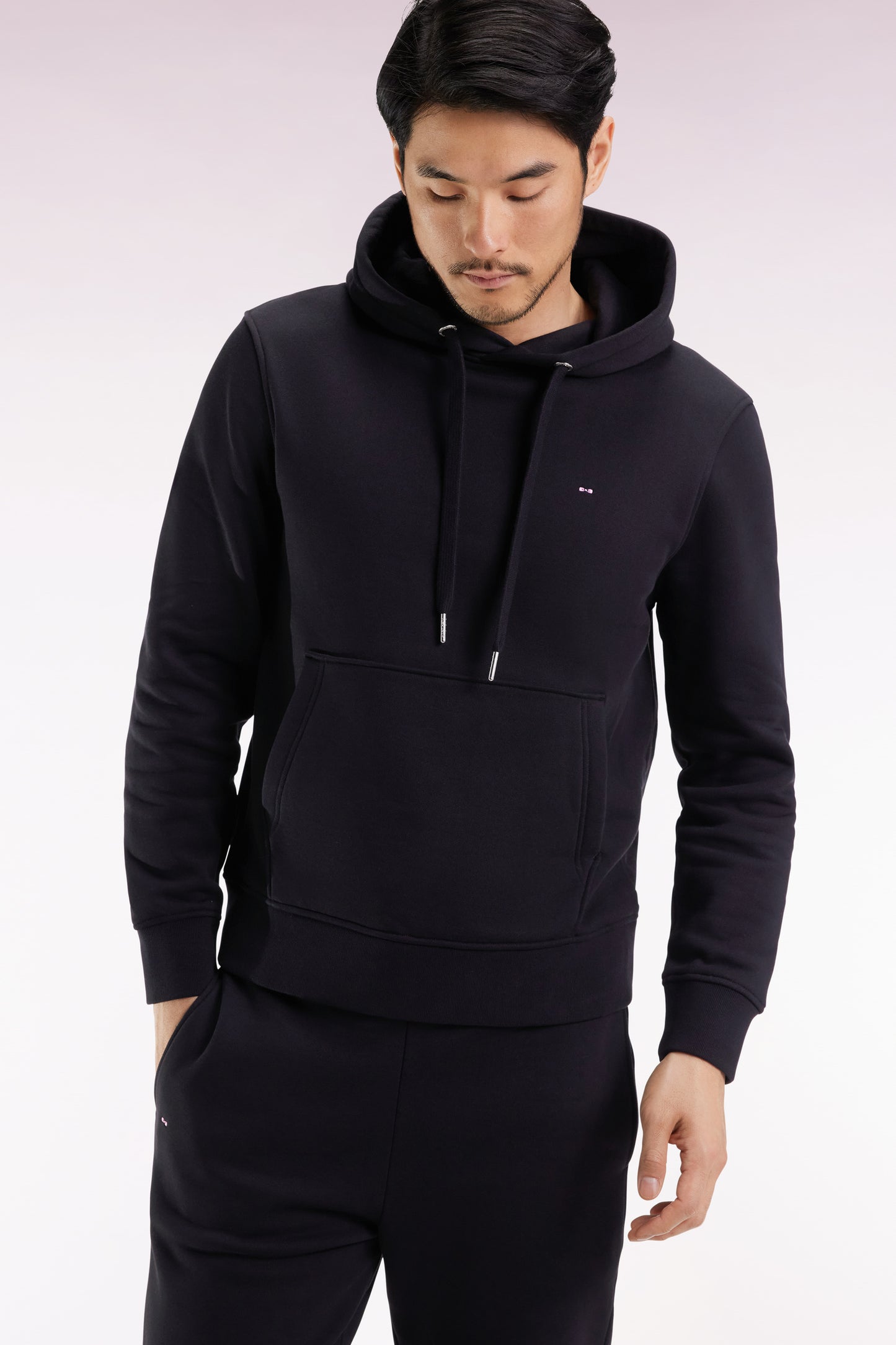 Black cotton hooded sweatshirt, straight cut