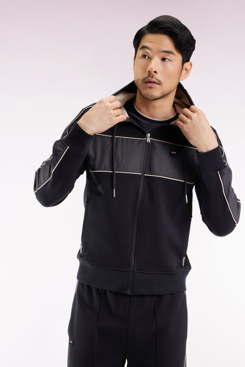 Zip-up hooded sweatshirt in black and beige fleece and nylon - Image 3