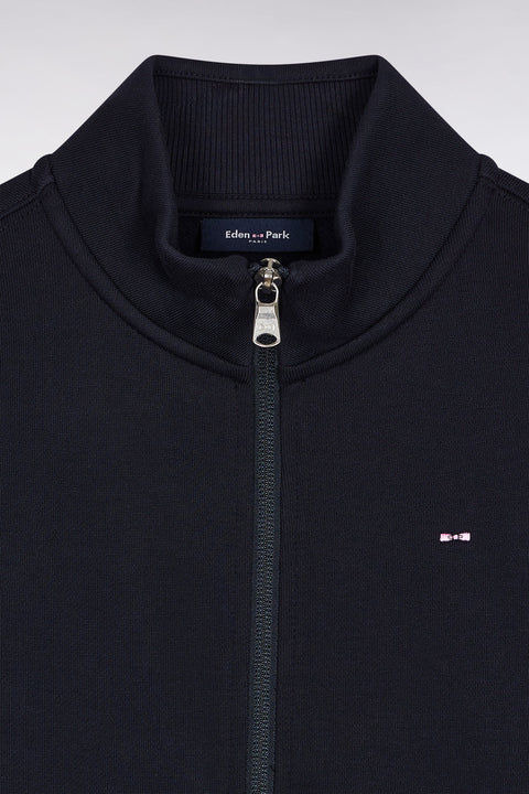 Zipped sweatshirt with stand-up collar in navy cotton fleece - Image 2
