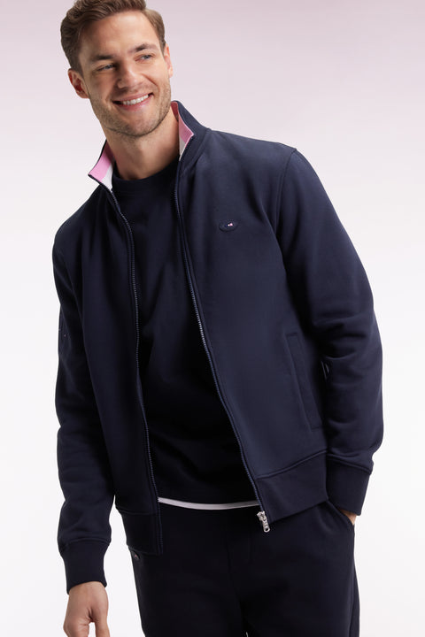 Zipped sweatshirt in navy cotton embroidery 10 straight cut - Image 1