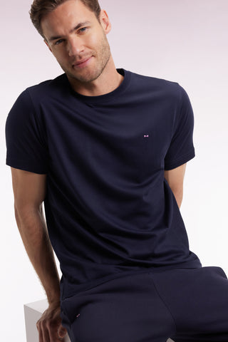 Short-sleeved T-shirt with embroidered back in navy Pima cotton