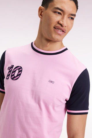 Two-tone short-sleeved navy cotton T-shirt with 10" embroidery