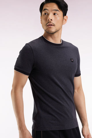 Short-sleeved T-shirt in charcoal grey stretch cotton, slim fit