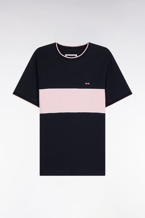 Two-tone short-sleeved T-shirt in navy and pink cotton - Image 2