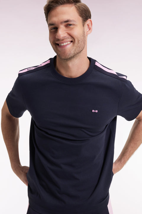 Short-sleeved T-shirt in navy cotton with shoulder stripes - Image 1