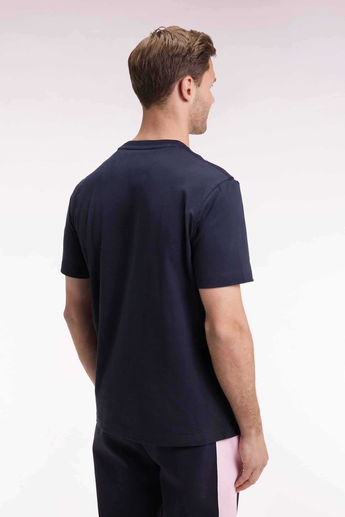 Short-sleeved T-shirt in navy cotton with shoulder stripes