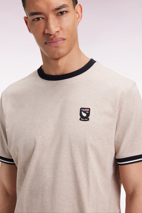 Beige and navy cotton short-sleeved T-shirt New Zealand - Image 1