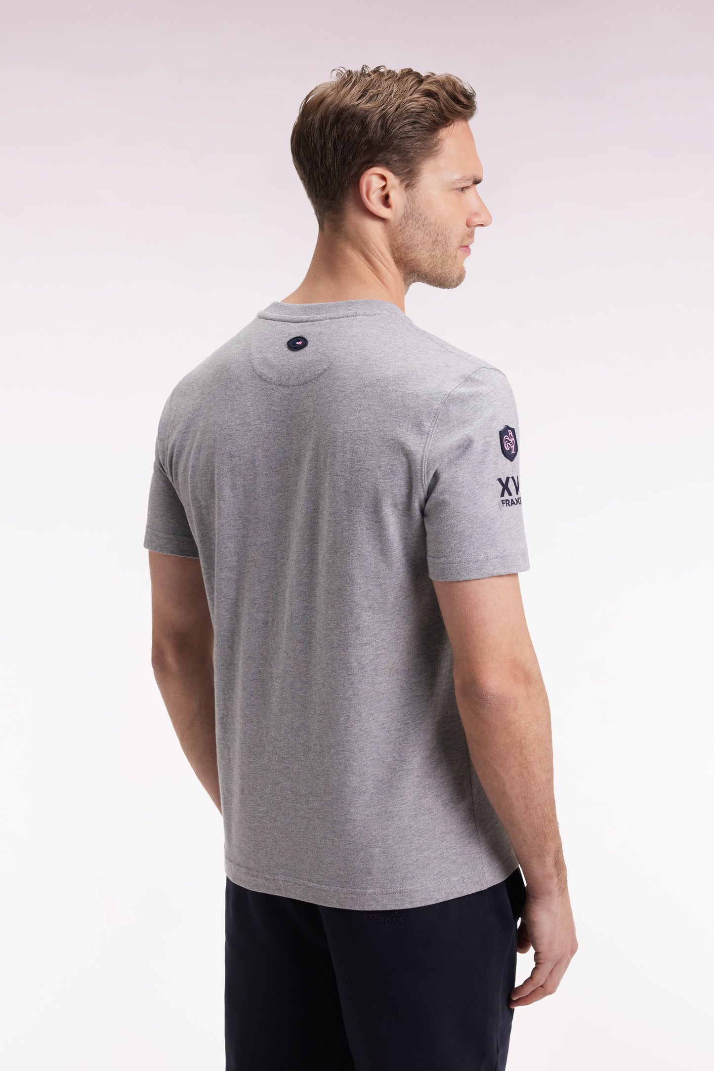 Grey short-sleeved t-shirt with XV de France rooster silk-screen print