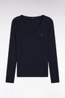 Long-sleeved T-shirt in navy ribbed Pima cotton, slim fit