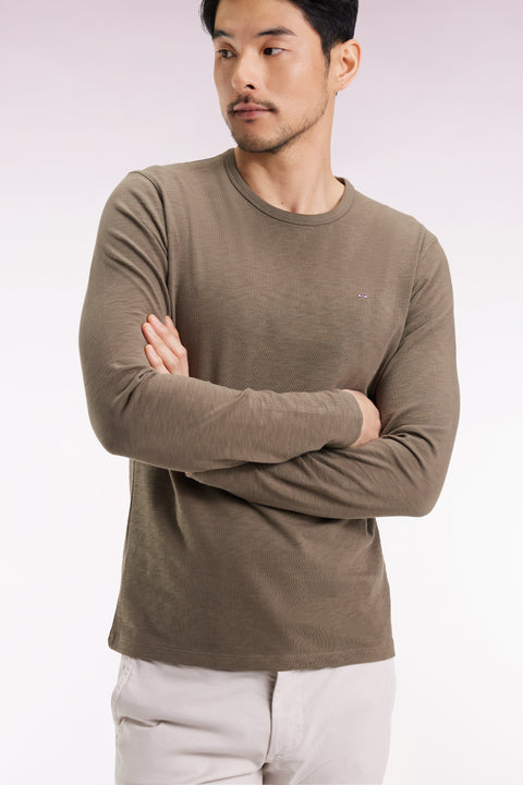 Long-sleeved T-shirt in khaki slub cotton - Image 1