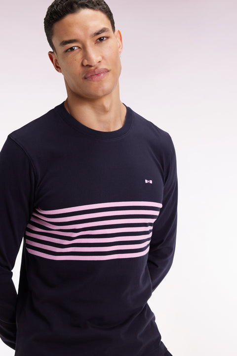 Long-sleeved navy cotton T-shirt with pink stripes - Image 1