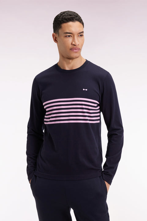 Long-sleeved navy cotton T-shirt with pink stripes - Image 3