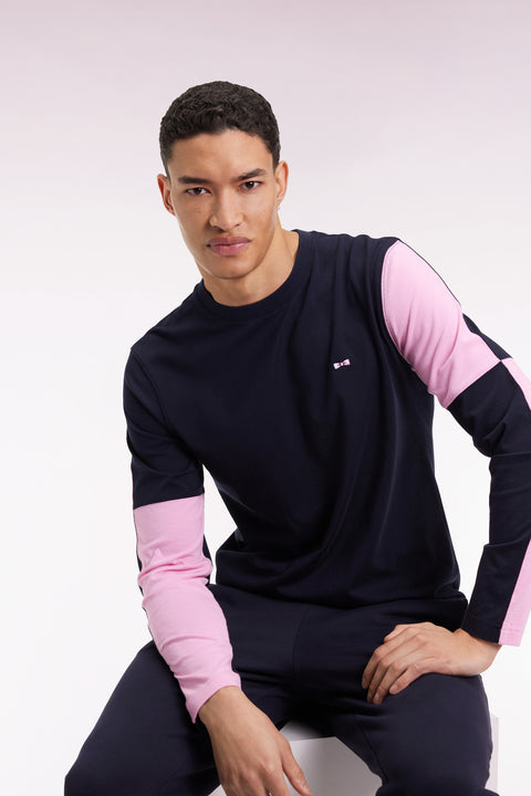 Long-sleeved T-shirt in pink colorblock navy cotton - Image 1