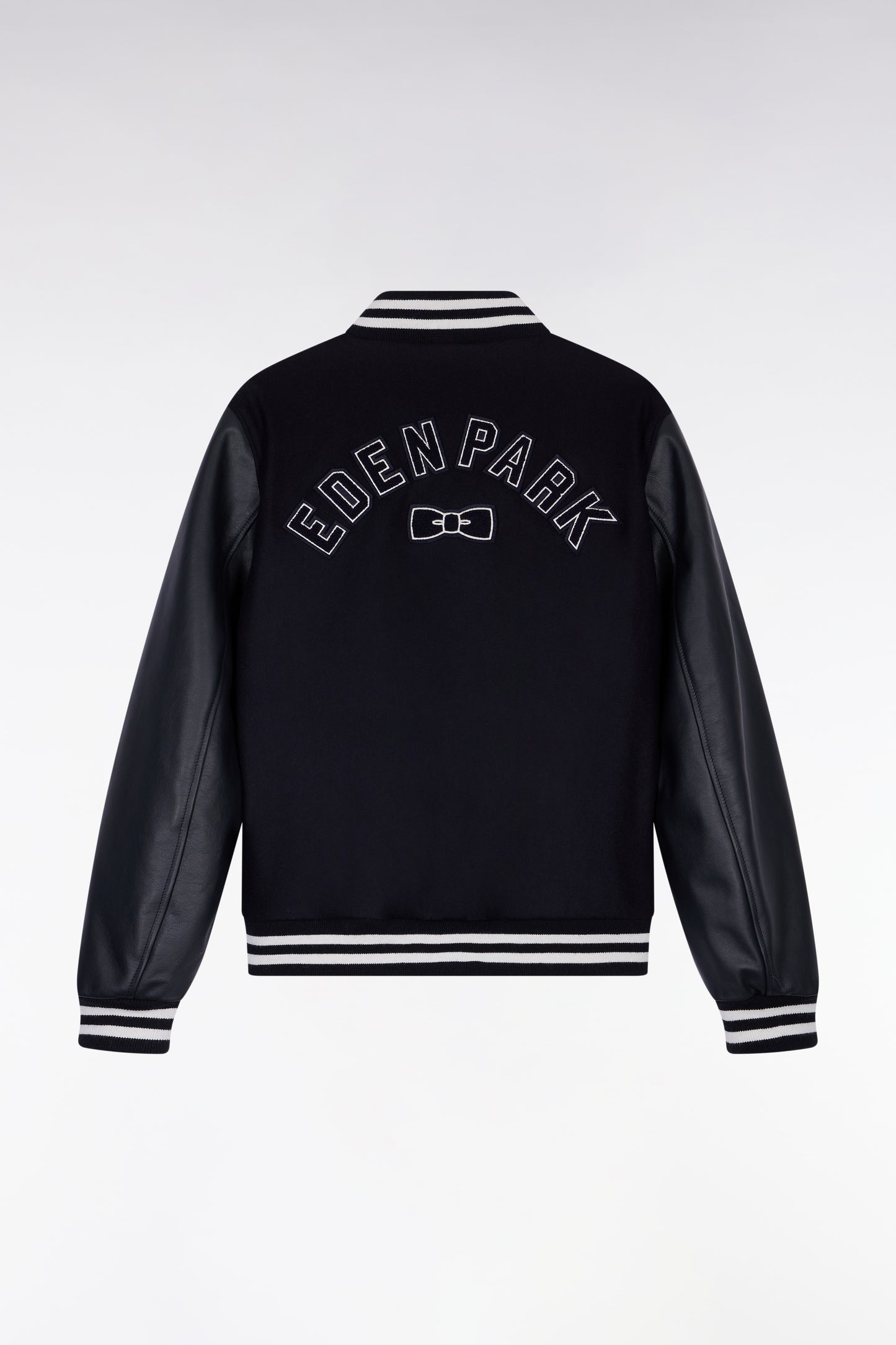 Two-tone teddy jacket with navy leather sleeves