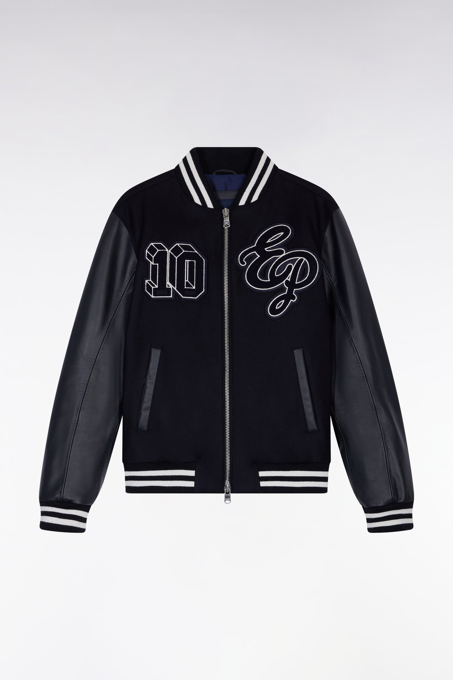 Two-tone teddy jacket with navy leather sleeves