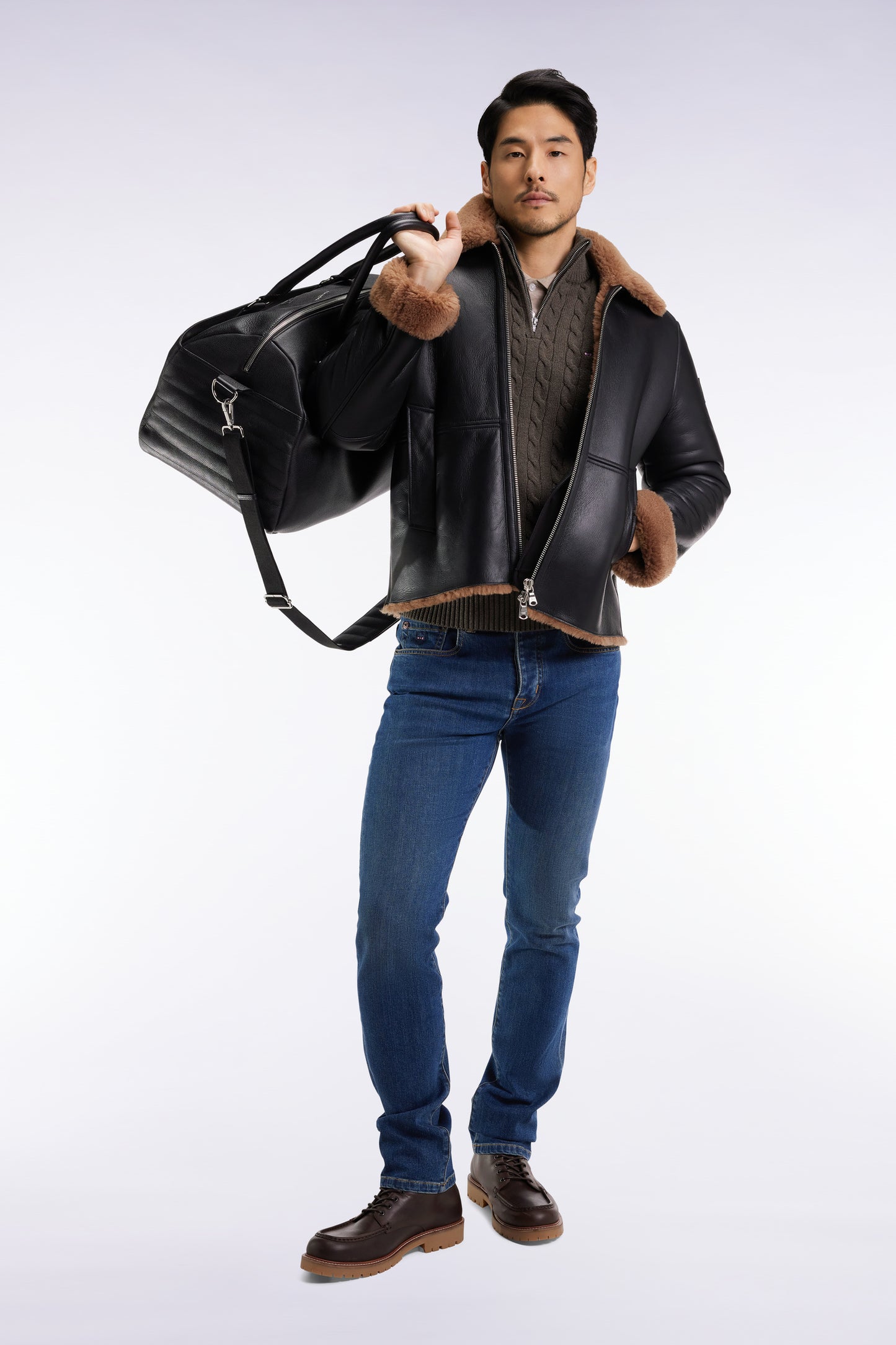 Black woolly jacket with brown collar