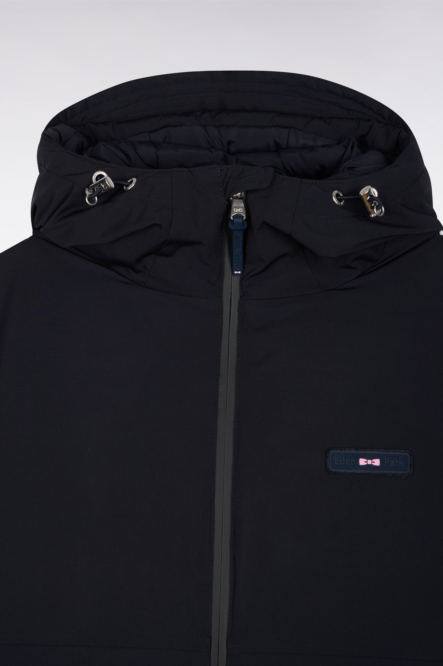 Mixed navy nylon windbreaker with integrated hood
