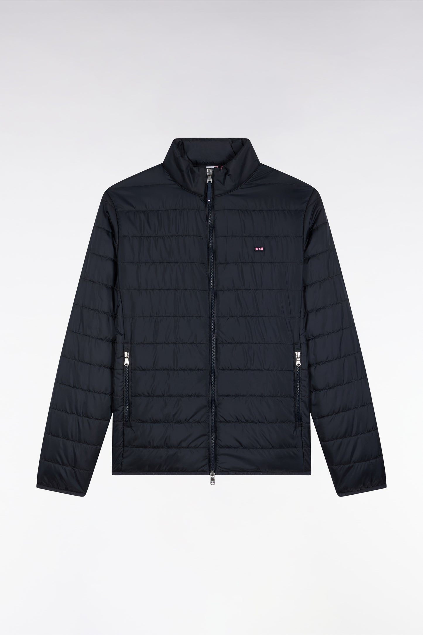 Navy quilted nylon down jacket with stand-up collar
