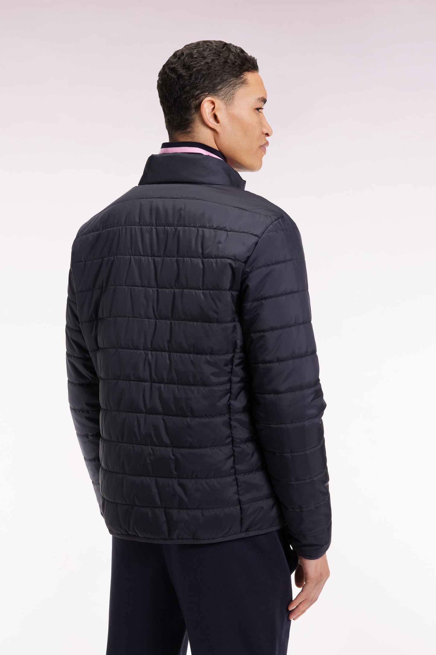 Navy quilted nylon down jacket with stand-up collar