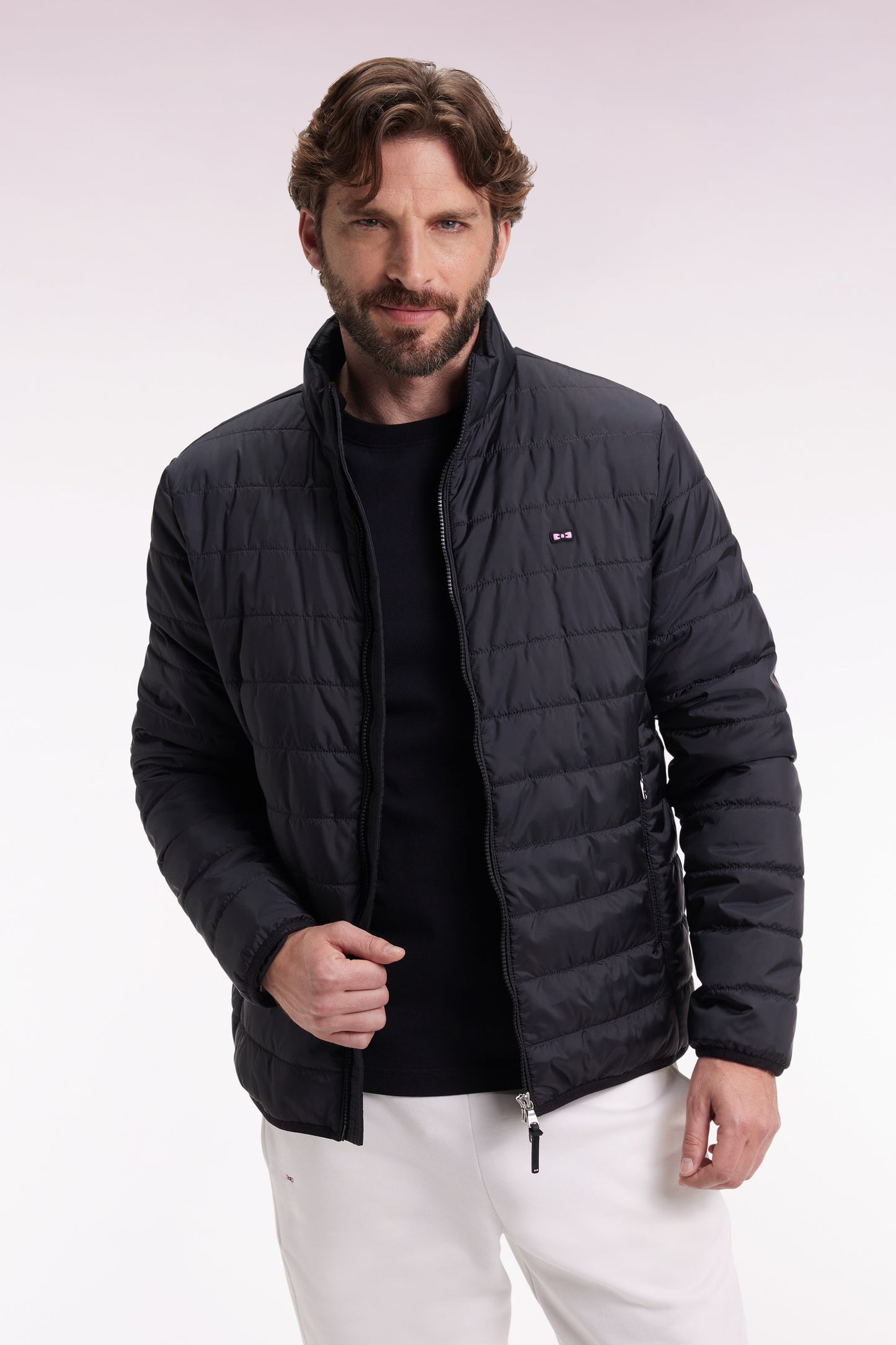 Black quilted nylon down jacket with stand-up collar