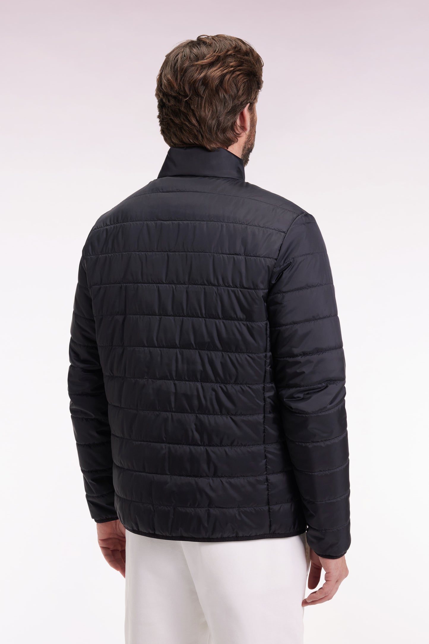 Black quilted nylon down jacket with stand-up collar