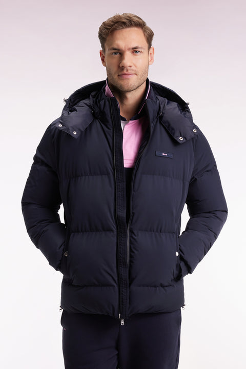 Navy quilted nylon down jacket with removable hood - Image 3