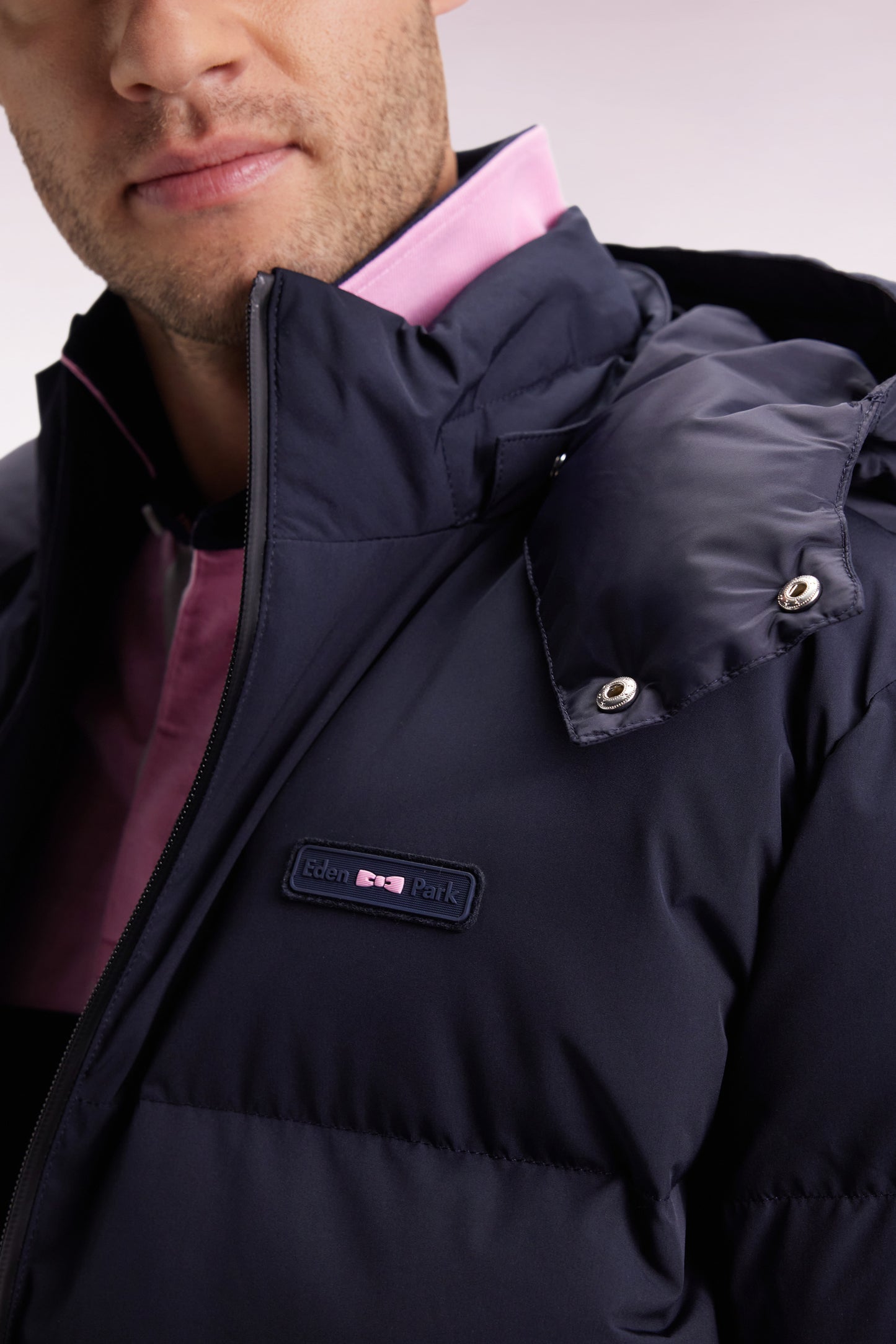 Navy quilted nylon down jacket with removable hood