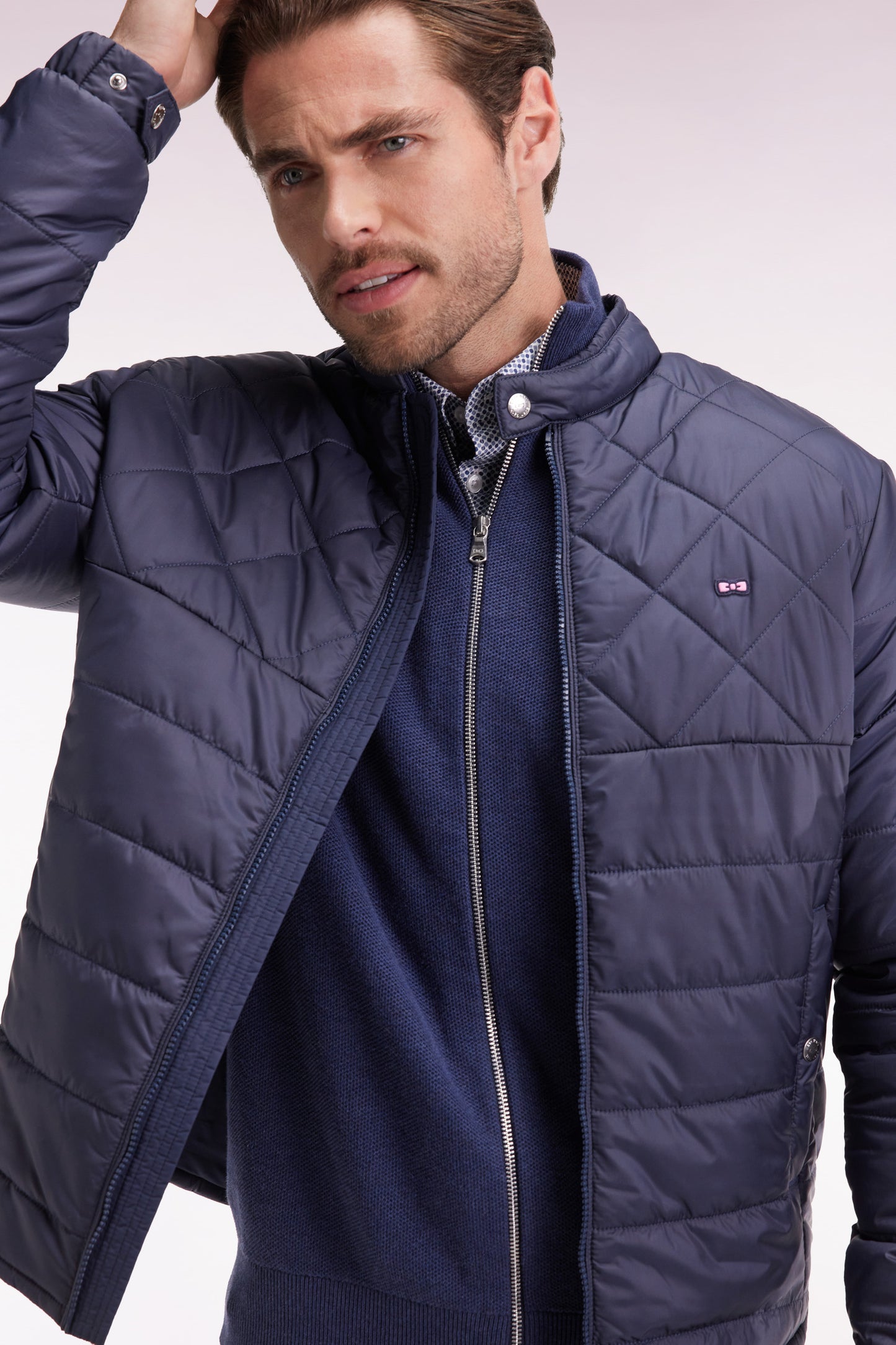 Beige quilted nylon jacket with biker collar