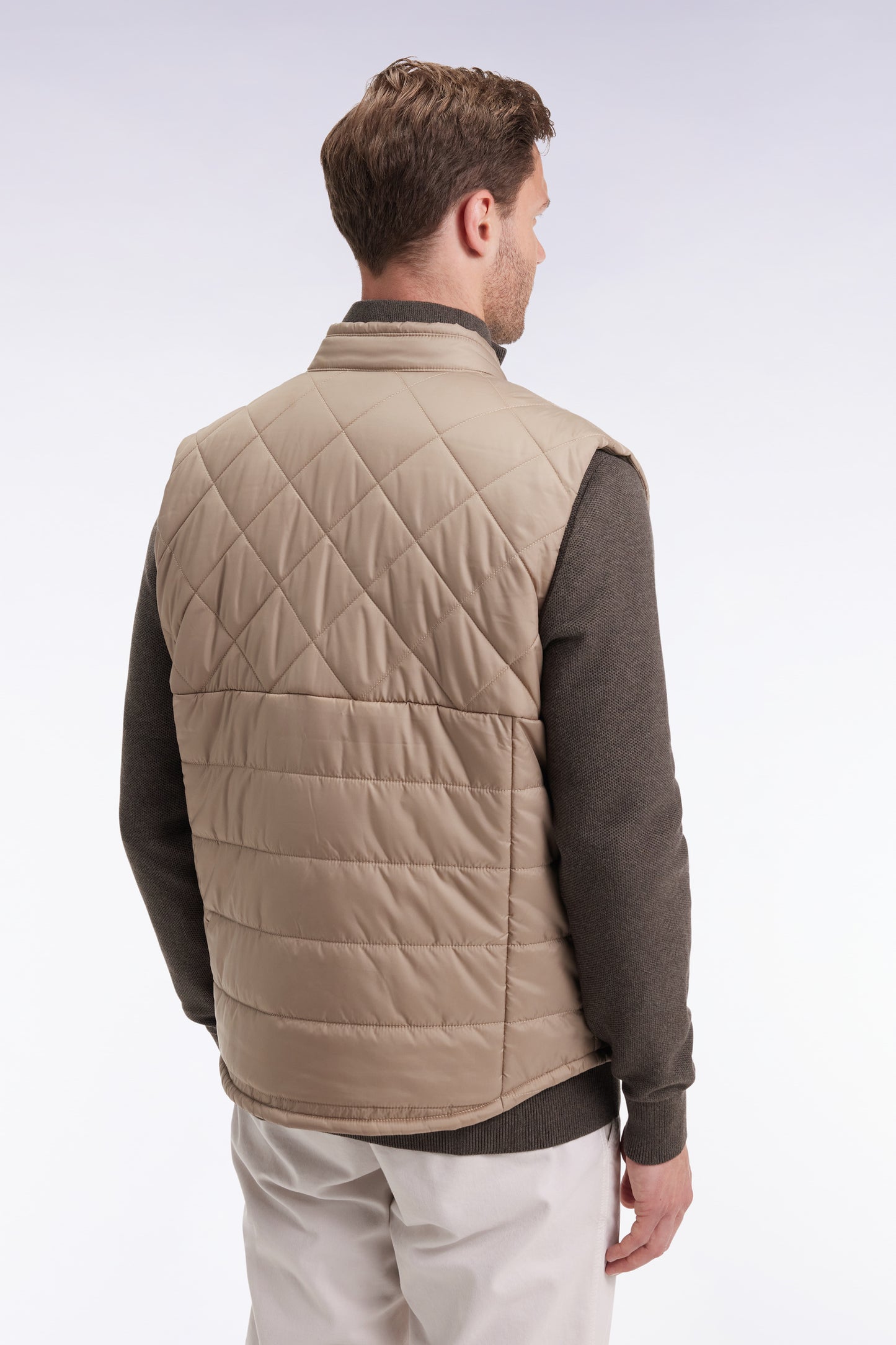 Sleeveless biker-collar jacket in beige quilted nylon