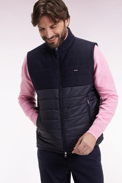 Doudoune sans manches bimatière en nylon et flanelle marine - Image 3