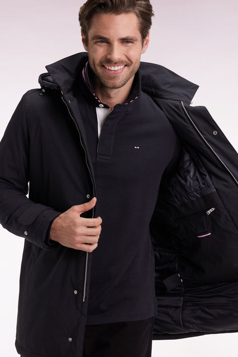 Long black nylon raincoat with removable hood - Image 1