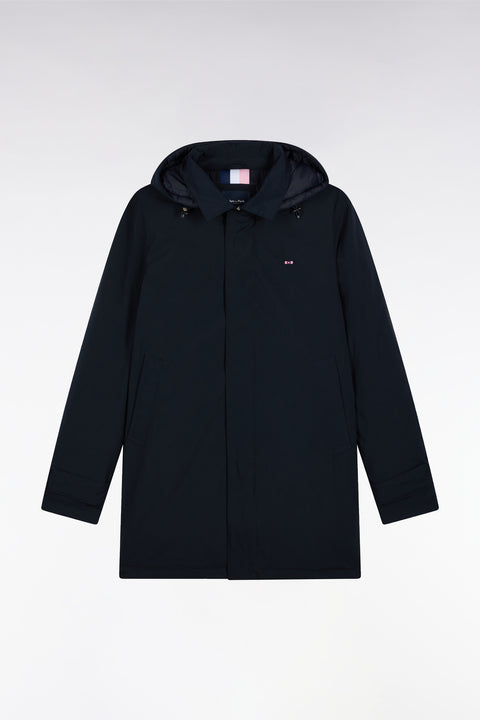 Long navy nylon raincoat with removable hood - Image 2