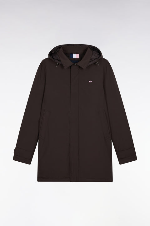 Long brown nylon raincoat with removable hood - Image 2