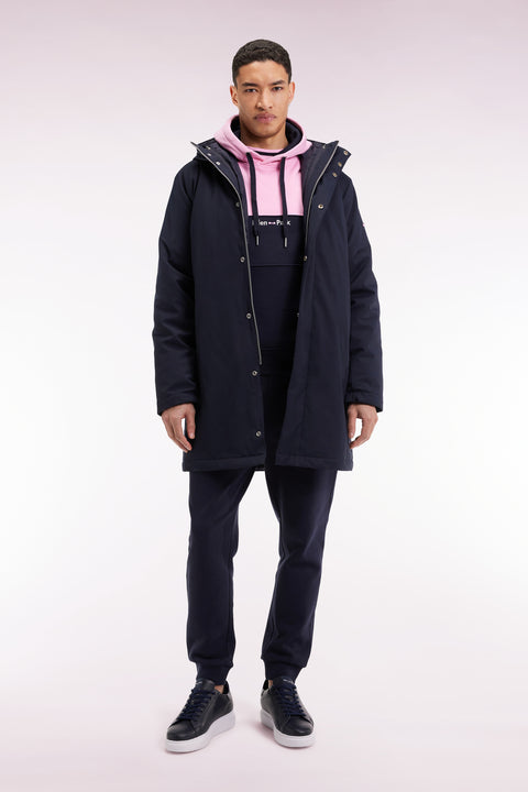 Long 2-in-1 parka in navy nylon with integrated hood - Image 3
