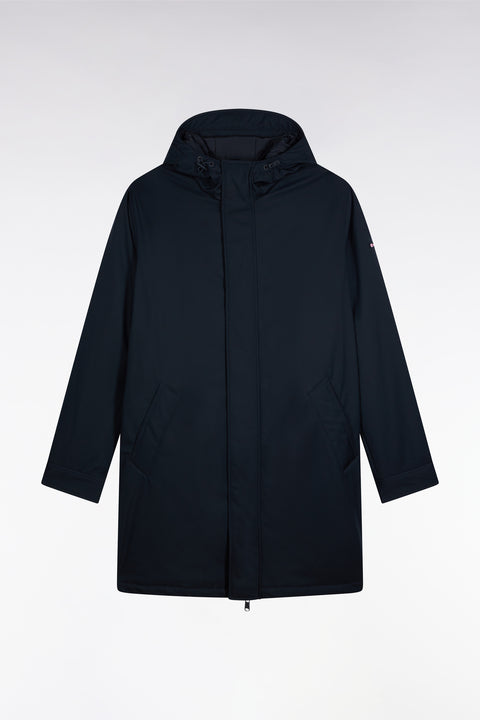 Long navy nylon parka with integrated hood - Image 2