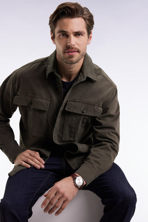 Khaki stretch cotton twill overshirt with patch pockets - Image 1