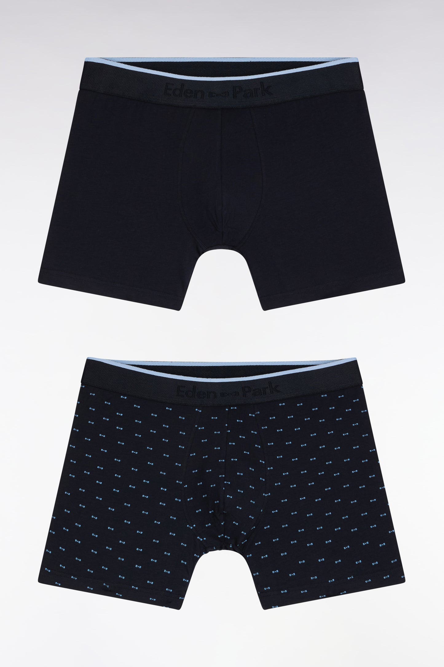 Set of two boxer shorts in plain stretch cotton jersey with blue micropatterns