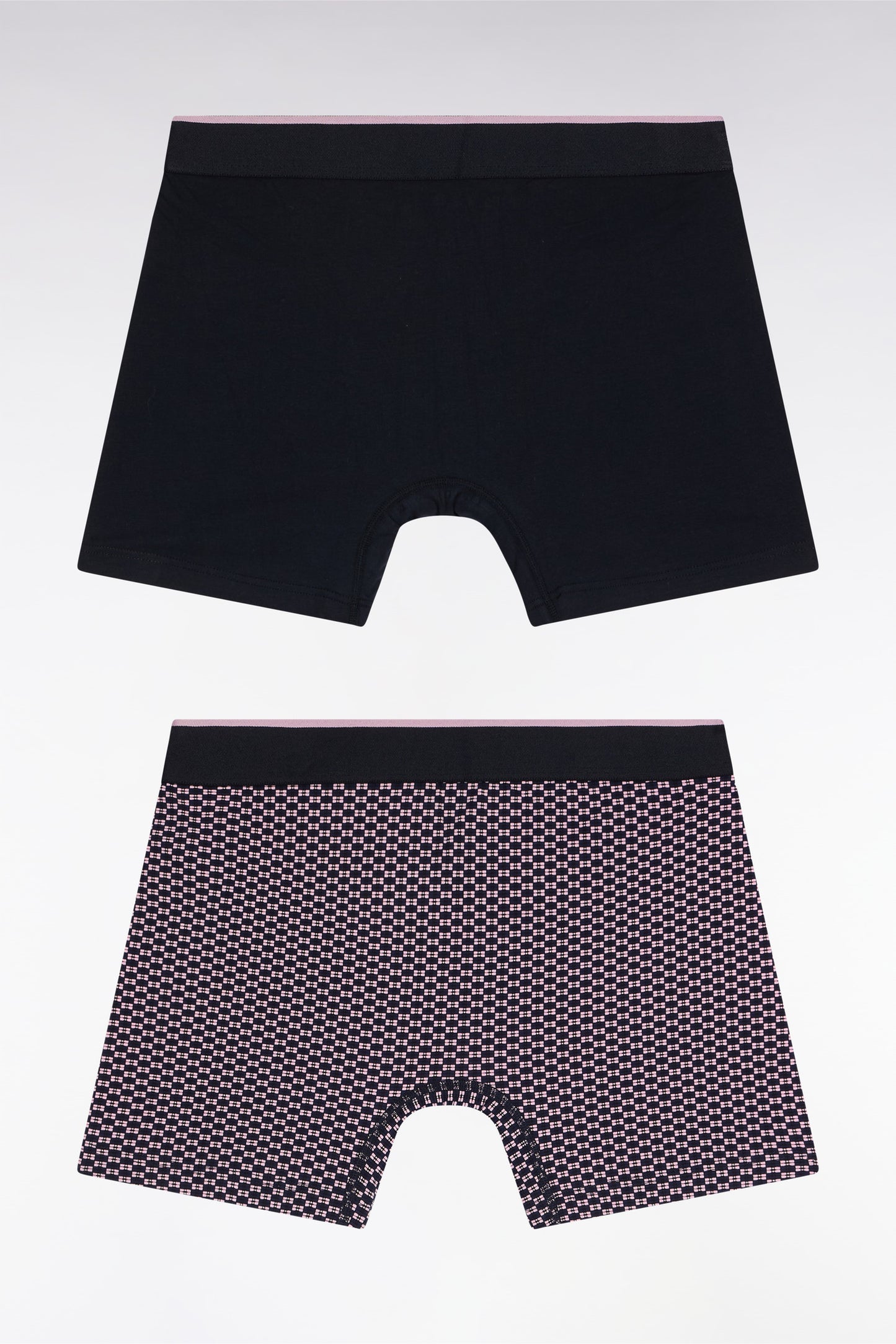 Set of two boxer shorts in plain stretch cotton jersey with navy and pink micro-patterns
