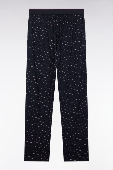 Long pyjamas in navy cotton jersey with micropatterned bow tie - Image 2