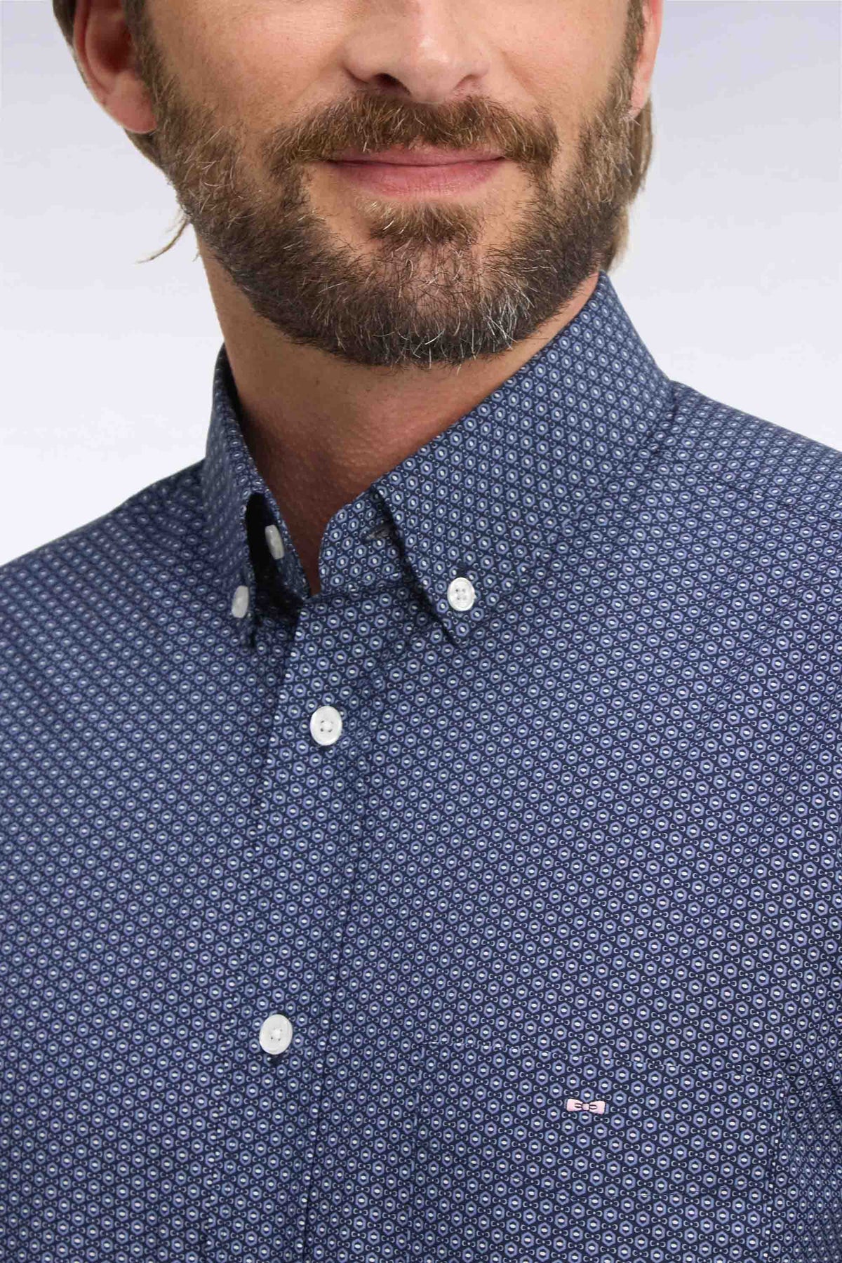 Blue micro-patterned straight-cut cotton shirt