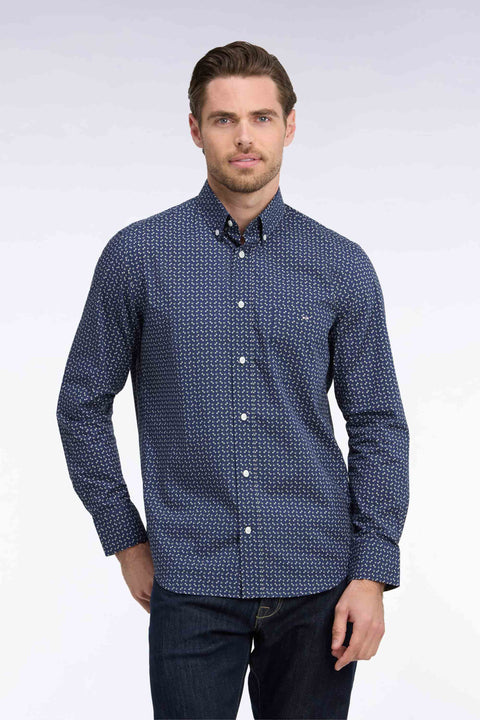 Navy cotton poplin shirt with khaki micro-patterns, straight cut - Image 2