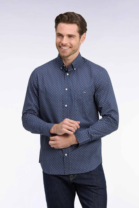 Navy cotton poplin shirt with khaki micro-patterns, straight cut - Image 1