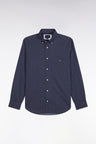 Navy cotton poplin shirt with blue micro-patterns, straight cut