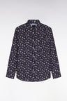 Navy cotton shirt with micro-flower patterns, straight cut