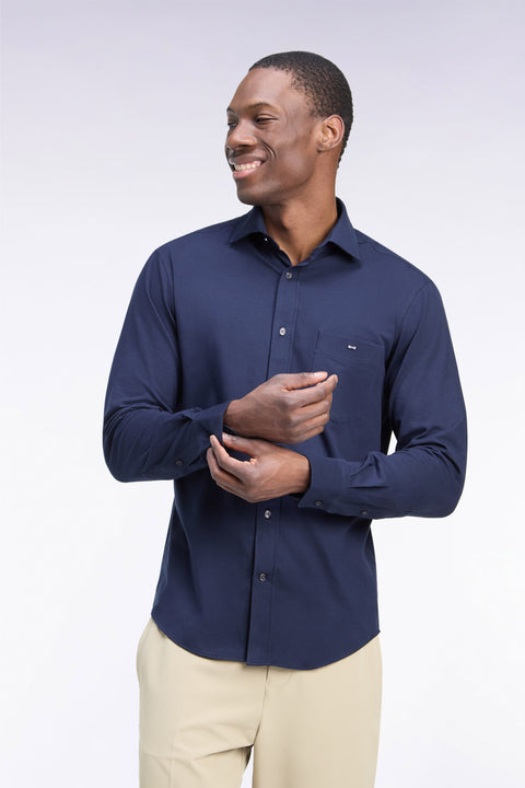 Straight cut navy stretch cotton shirt - Image 1