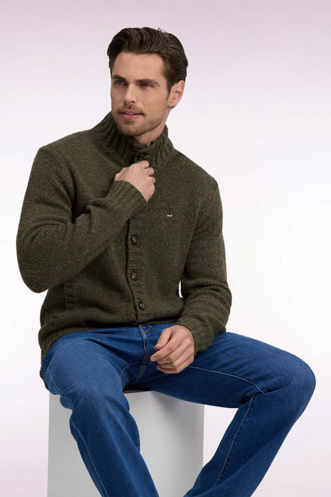 Buttoned cardigan in khaki heathered chunky knit, straight cut - Image 1